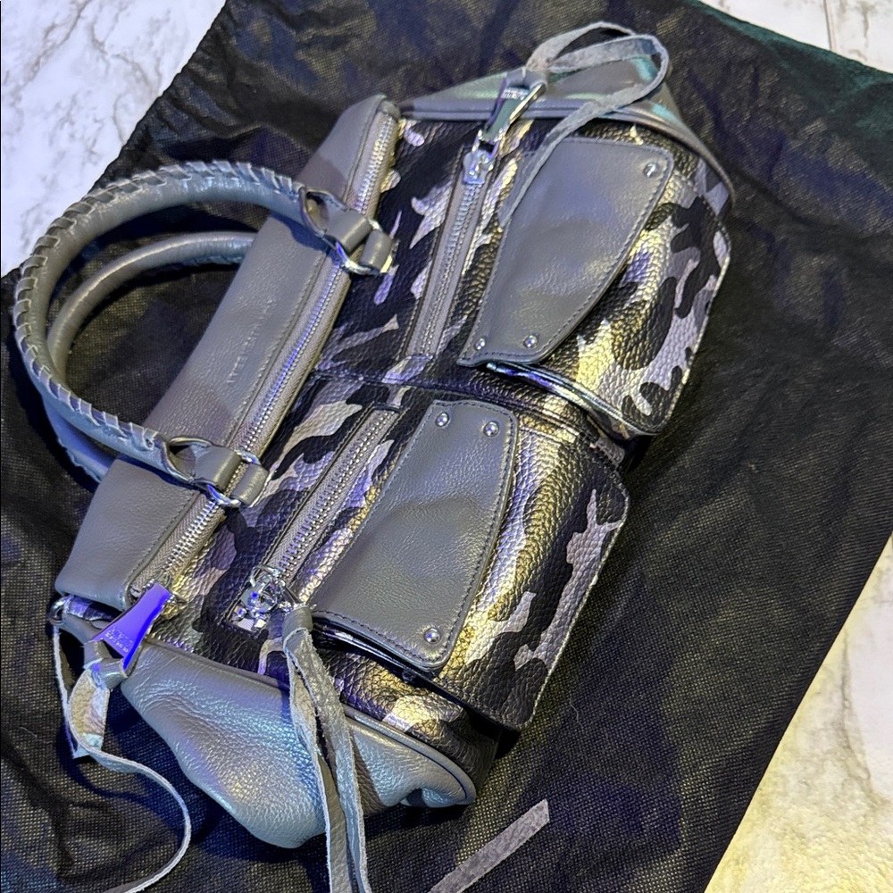 Aimee Kestenberg Black, Gray, Silver Camo Leather Satchel Purse Bag